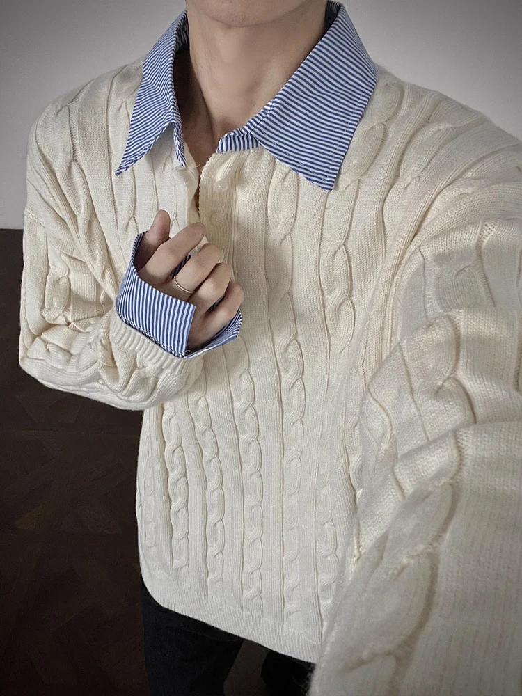 

Men's Knitted Long Sve Sweater Autumn Casual Sle Plaid Splicing Knotted Design Soft Polyester Fiber Loose Fit Collar