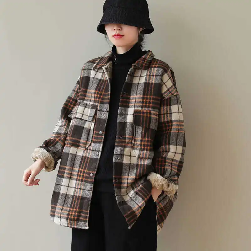 Plus size feminino inverno irt coreano sle solto artístico xadrez casaco de lã cordeiro veludo thiened blusa feminina outerwear