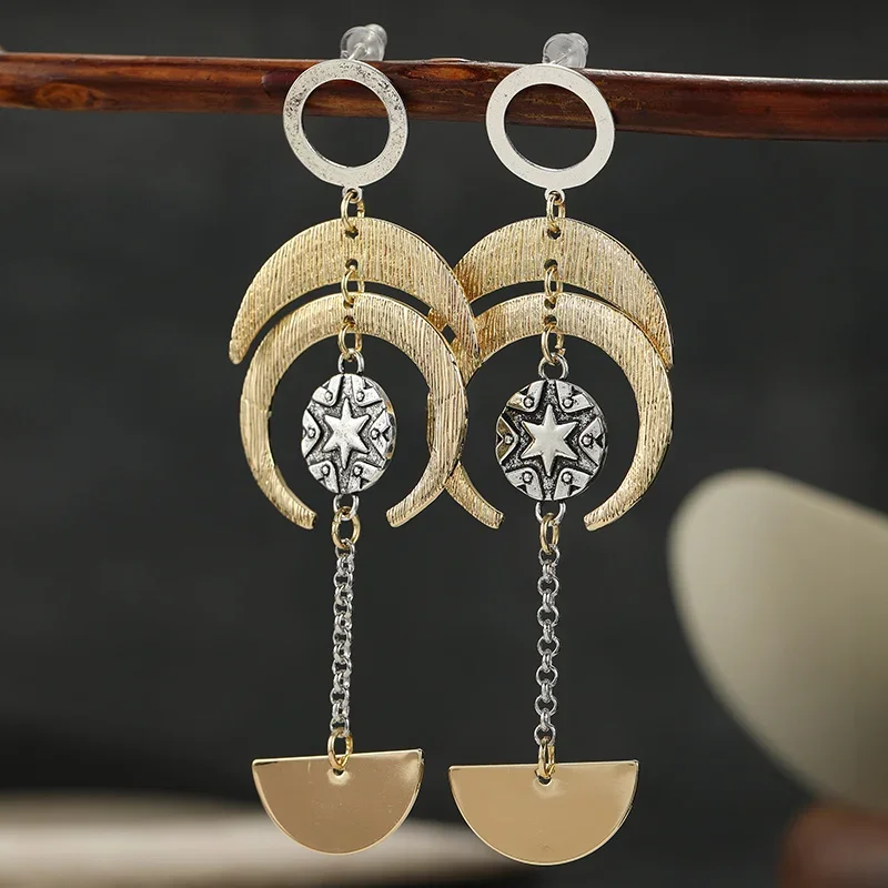 Women's Multi Layer Star Moon Long Dangle Earrings Two Tone Crescent Pentagonal Star Splicing Design Bohemian Style Earrings