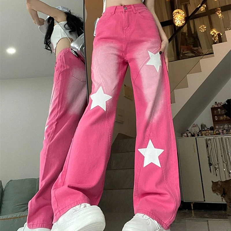 Calça jeans vintage feminina com cordão, jeans largos rosa, estilo americano, estampado de estrelas, calça de cintura alta, Y2k