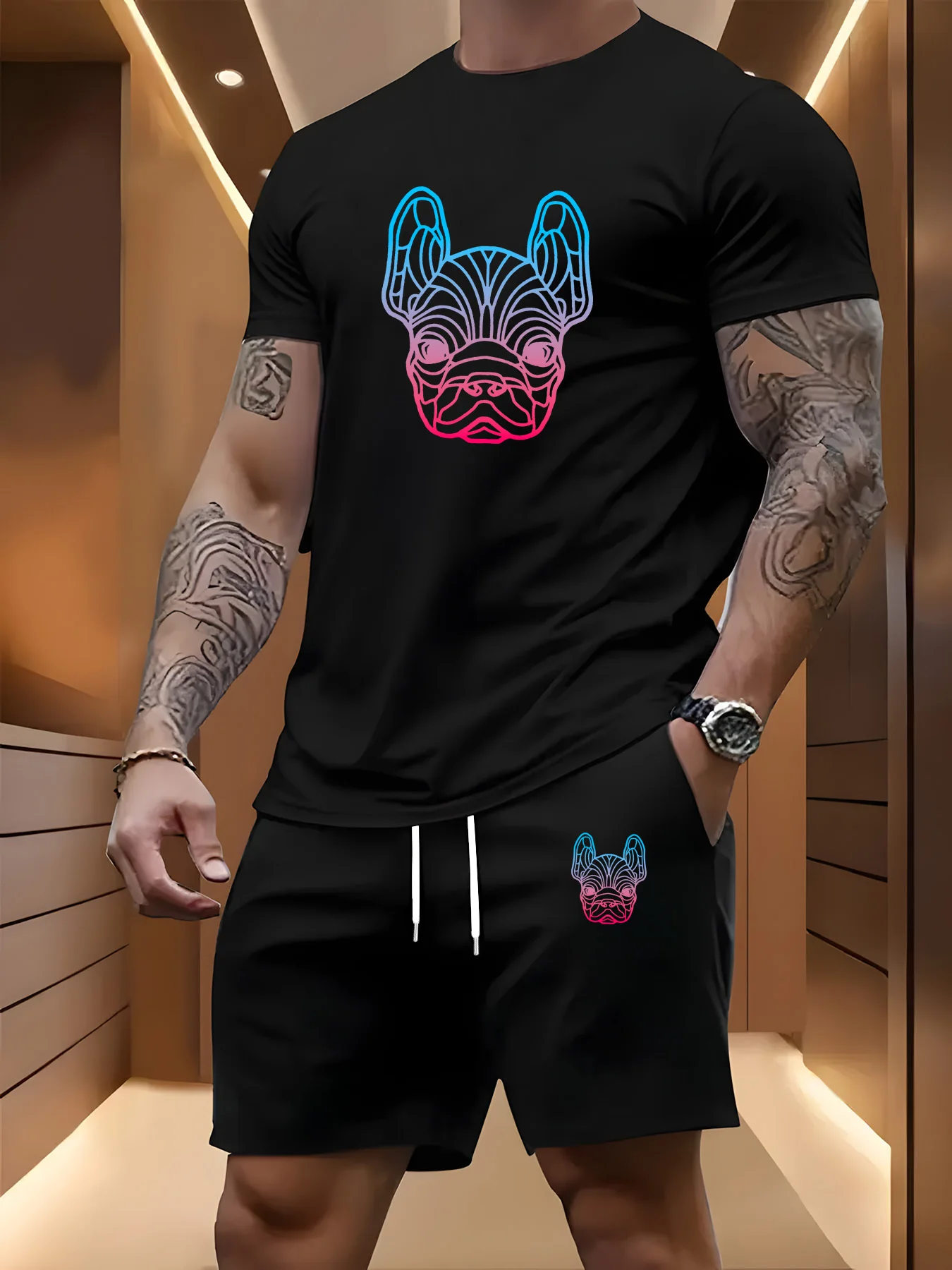 Men's Casual Quick-Dry T-Shirt Set - French Bulldog Print, Loose Fit, Suitable for Outdoor Activities and Everyday Casual Wear