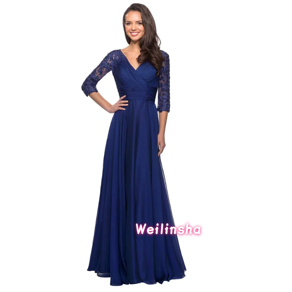 

Chiffon Mother of The Bride Dress For Women Elegant Three Quarter V Neck Vestidos Customized Formal Wedding Guest Gown