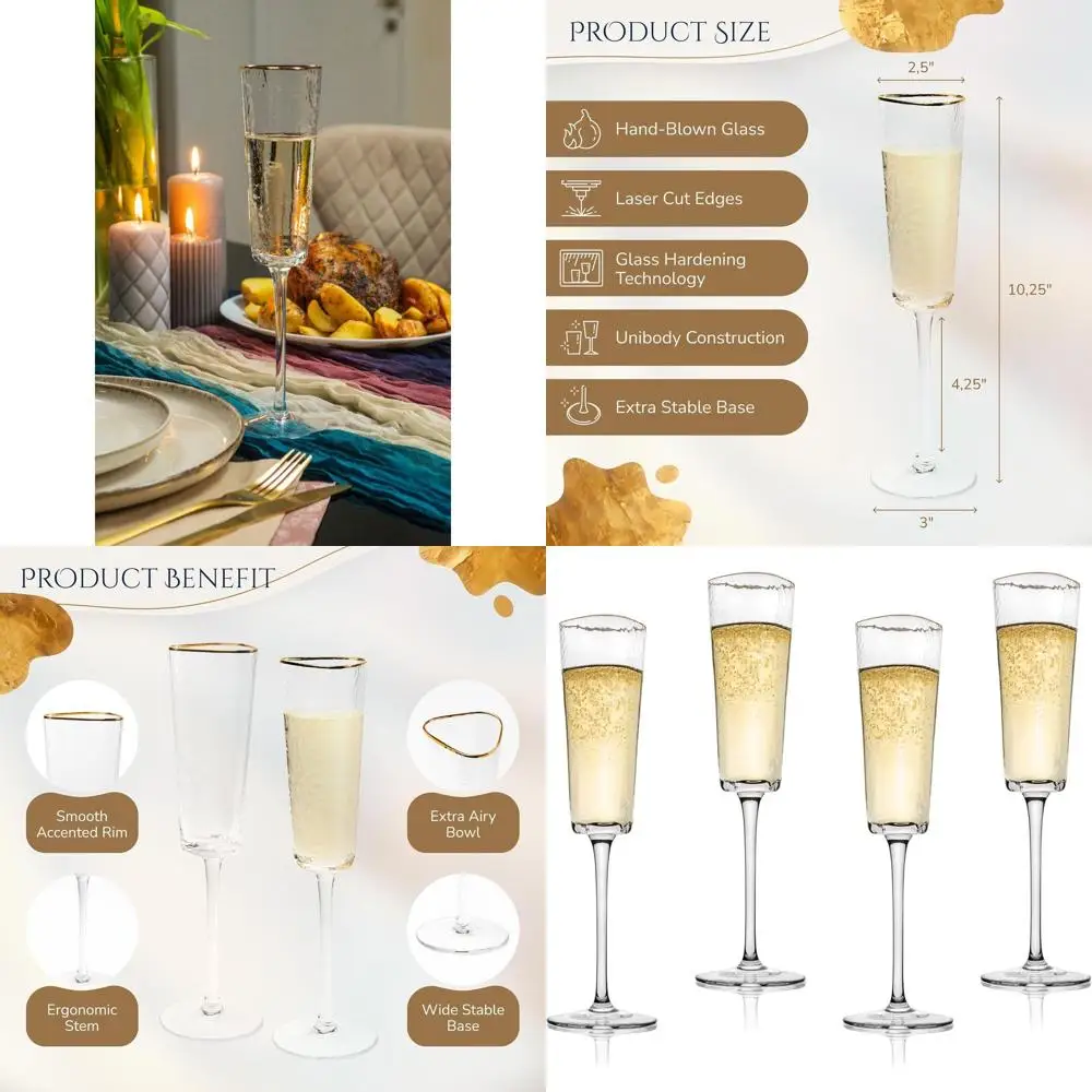 

Set of 4, 6oz Handcrafted Triangular Hammered Glass Champagne Lutes - Ideal for Elegant Stemware, Mimosas, Prosecco, and Wedding