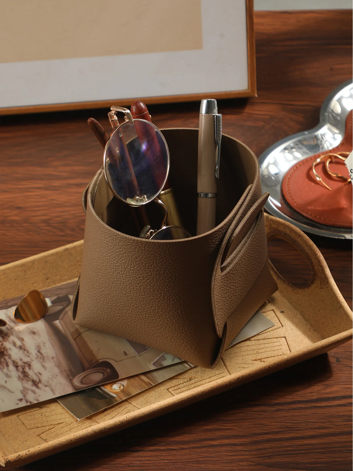 Leather Desktop Storage Basket DIY Assemble Pencil Holder Multifunctional Makeup Organizer for Office And Home Decor
