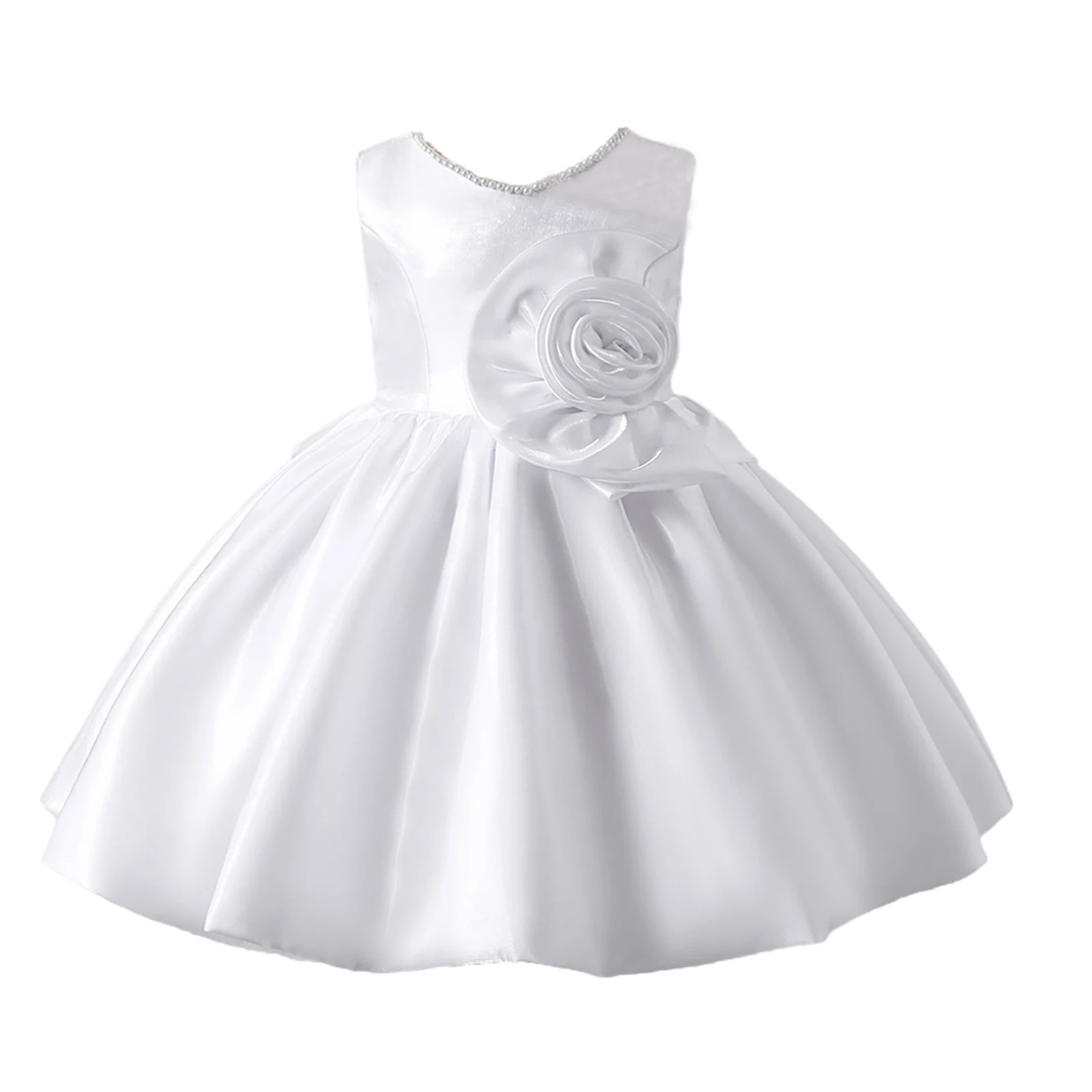 

Pretty Kids Girls Round Collar Sleeveless 3D Flowers High Waist Calf Length Princess Party Dresses for Banquet Wedding Pageant