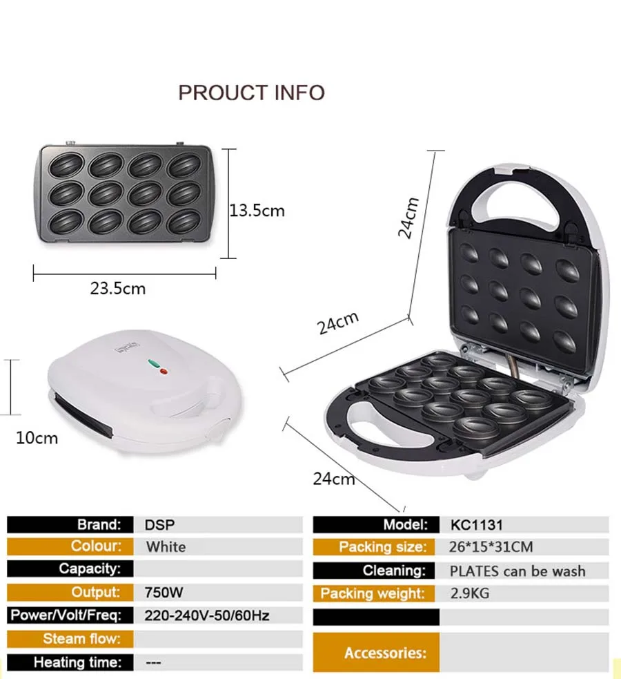 Electric Walnut Cake Maker, Automatic, Mini, Nut, Waffle, Bread, Roundcake, Double Waffle, Iron Toaster, Breakfast Pan, Oven, EU