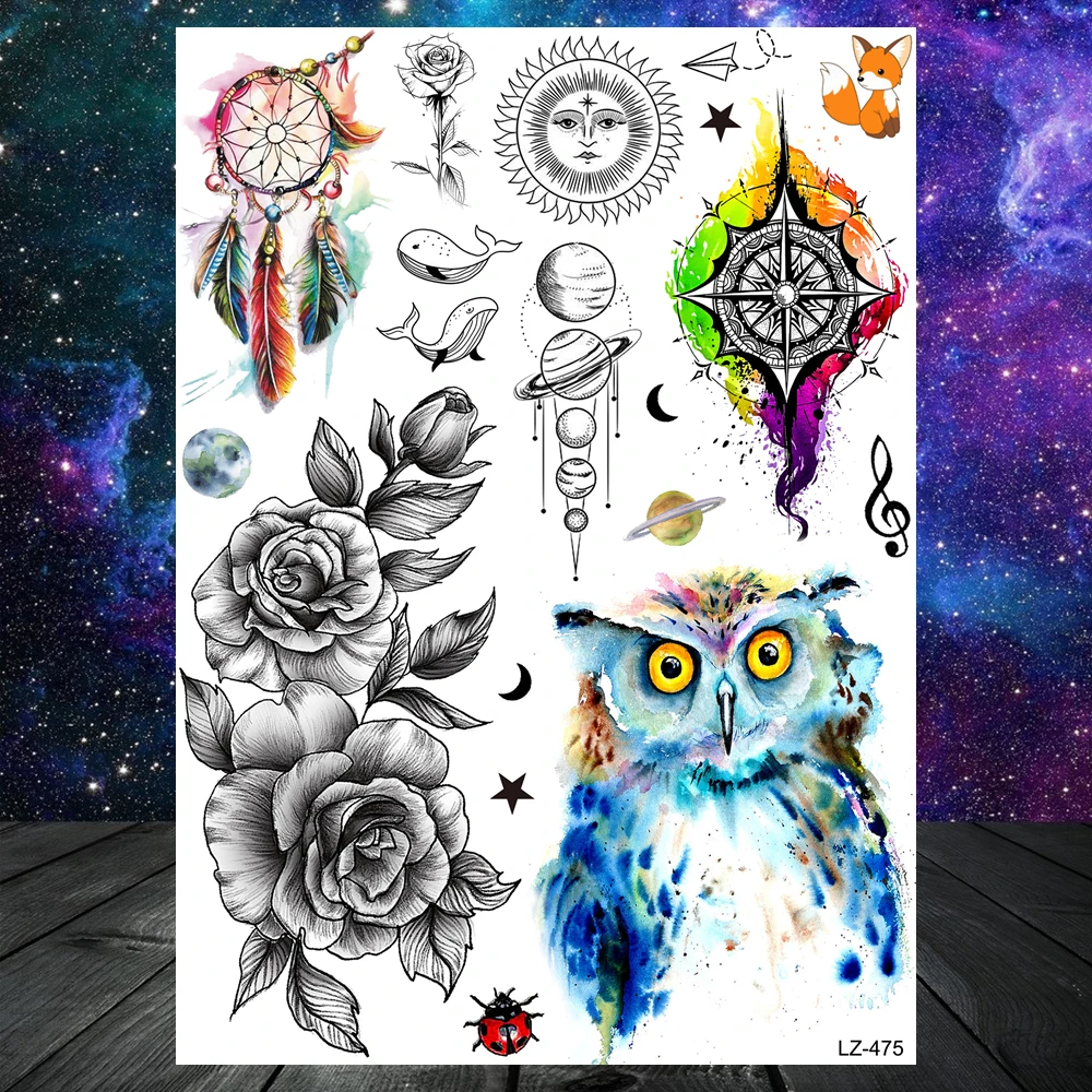 Fashion Space Temporary Tattoos For Kids Women Body Art Face Tatoos Realistic Fake Washable Geometric Flower Wolf Tattoo For Men