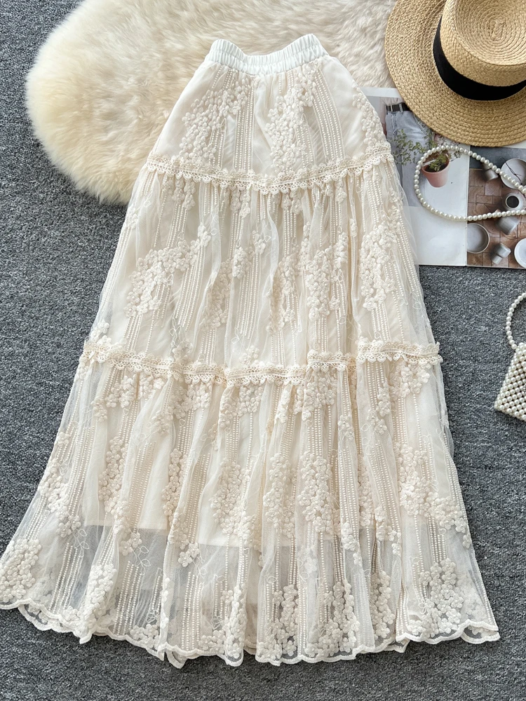 

Ele Embroidered Heavy Work Me f Skirt Women's A-Line Skirt Sweet Versatile High Waist Polyester Fiber Ci Commute