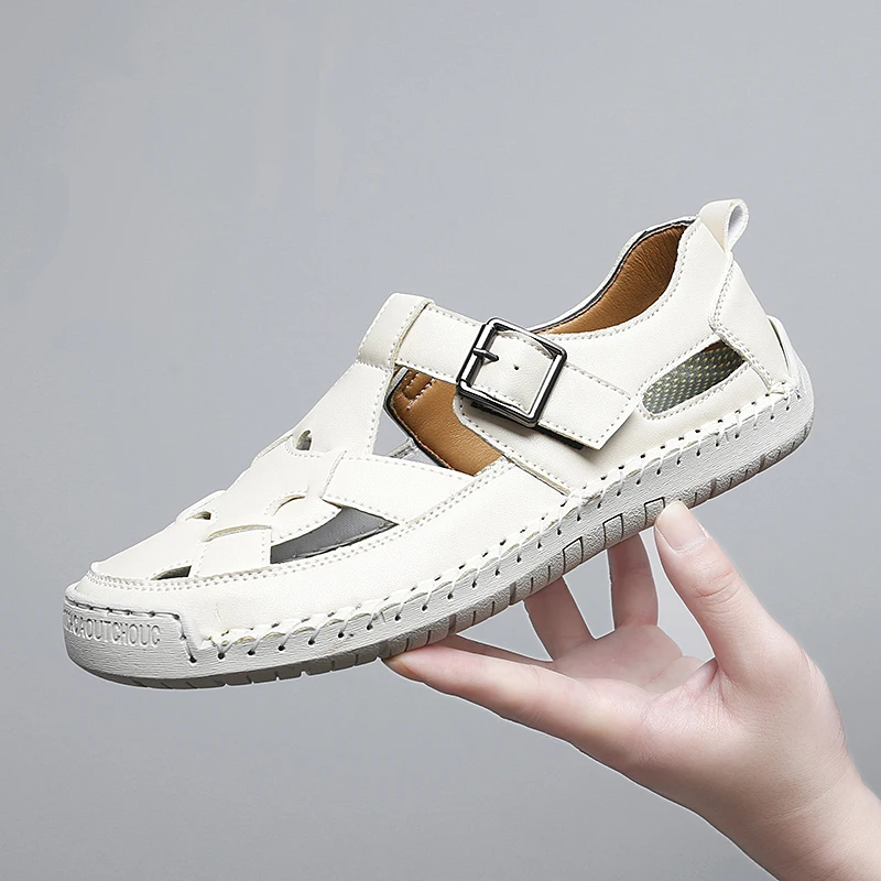 Sandalias de Mujer, Zapatos de verano hechos a mano, costura a la moda, cuero genuino, punta cubierta, Zapatos informales suaves para caminar, Plataforma para Mujer