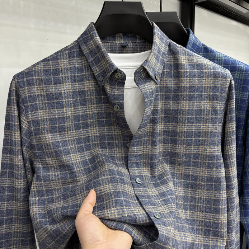 2025 Double Scrub Long Sve Mens Plaid Shirt Washed Casual Nine Sleeve PU Leather Cleanfit Citywalk Shirt for Men