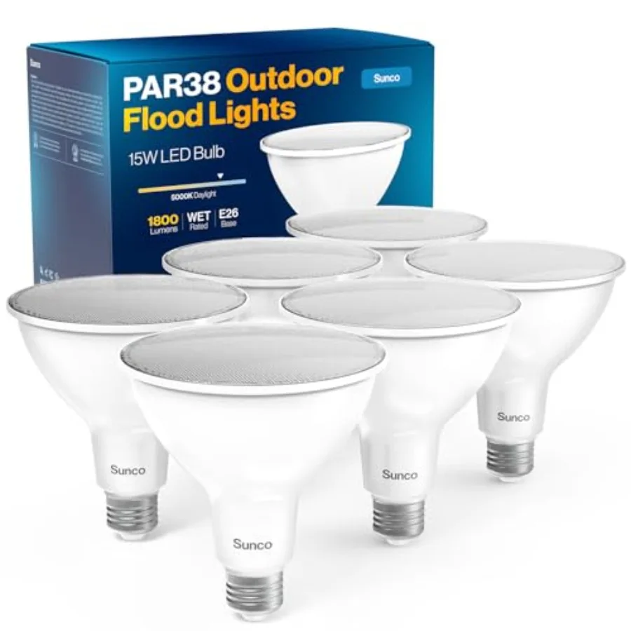 Sunco 6 Pack Outdoor Flood Light Bulbs, PAR38 LED Flood Lights Waterproof, 1800 LM, 15W 150W Equivalent,, Dimmable, E26 Base, W