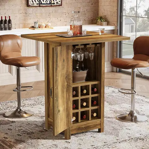 Bar Table, 31.5-Inch Square Cocktail Pub Table with Closed Cabinet Door, Home Bar Unit with Storage Shelves and, Customized