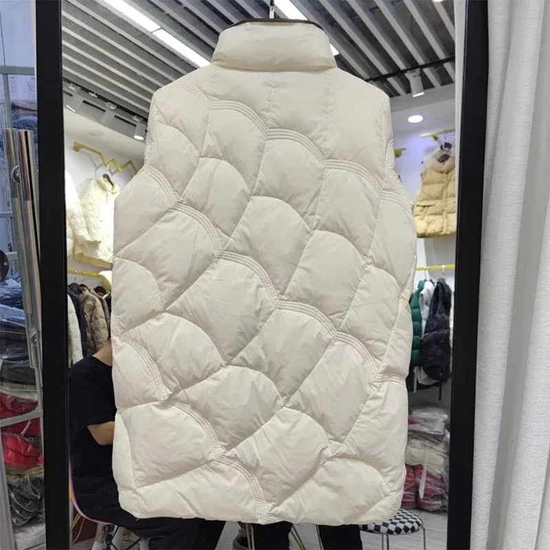 2024 Mid-Long Puffer Jacket Winter Women Simple White Duck Down Coat Stand Collar Parka Female Single Breasted Outwear