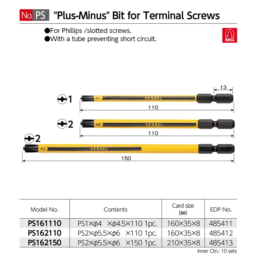 VESSEL PS16110 PS162100 PS162150 Ball Grip Replacement Bit with Coated Tube for Prami Screws + 2 +1