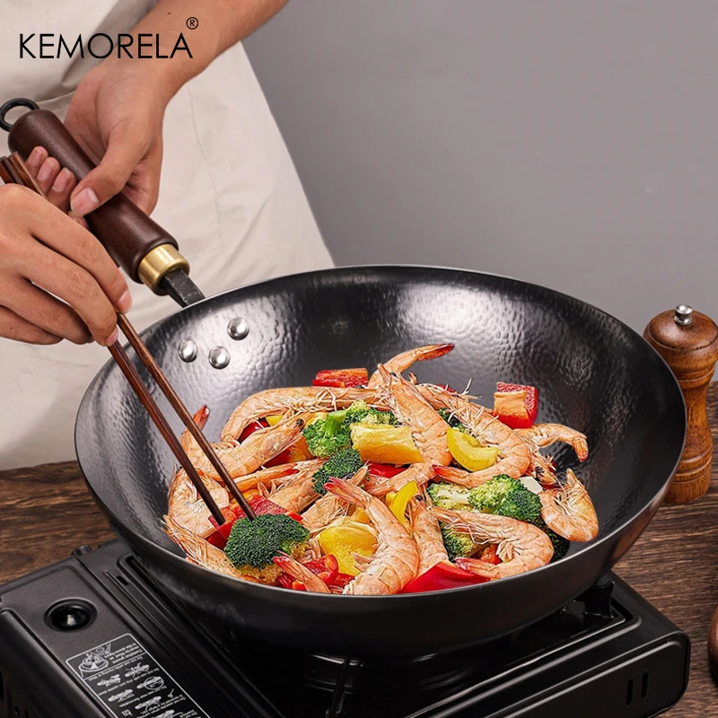 KEMORELA 32/34CM Iron Wok Cast Iron Pan Non-coated Pot General Use For Gas And Induction Cooker Chinese Wok Cookware Pan