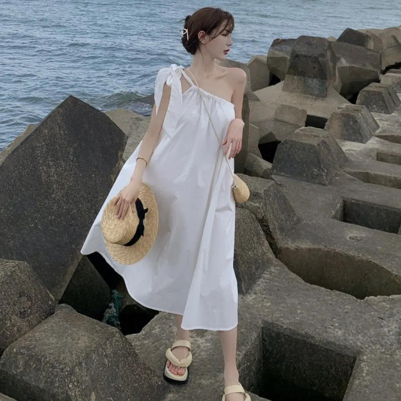 Summer Befree Beach Long Vintage Bow Casual Ruffles Elegant Maxi Strap Camis Silky Dress Vestidos Sexy Women