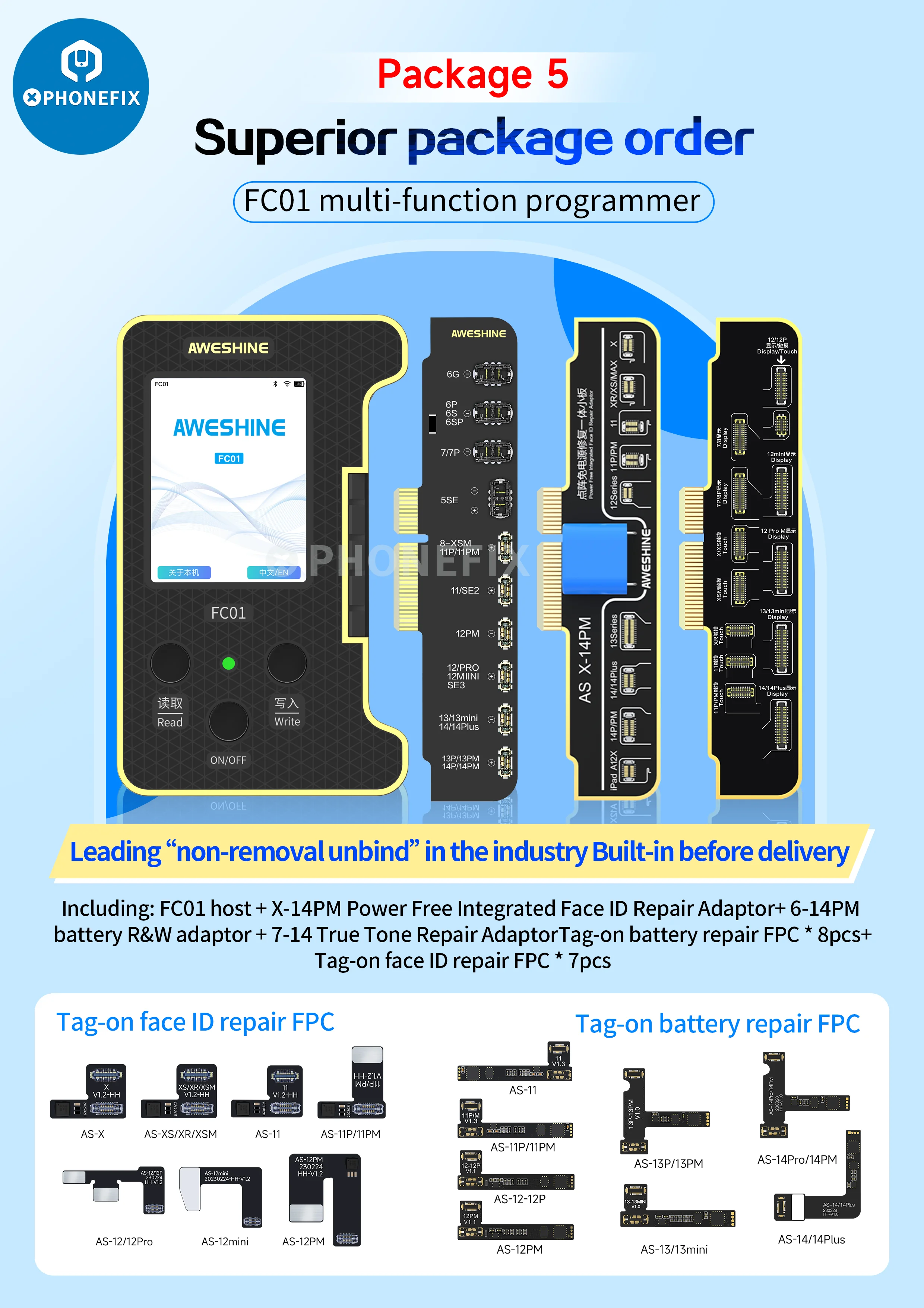 Aweshine FC01 programmatore di riparazione della batteria a matrice di punti per iPhone X a 14Pro Max Face ID per strumento di sostituzione Non rimozione Flex JC-ID
