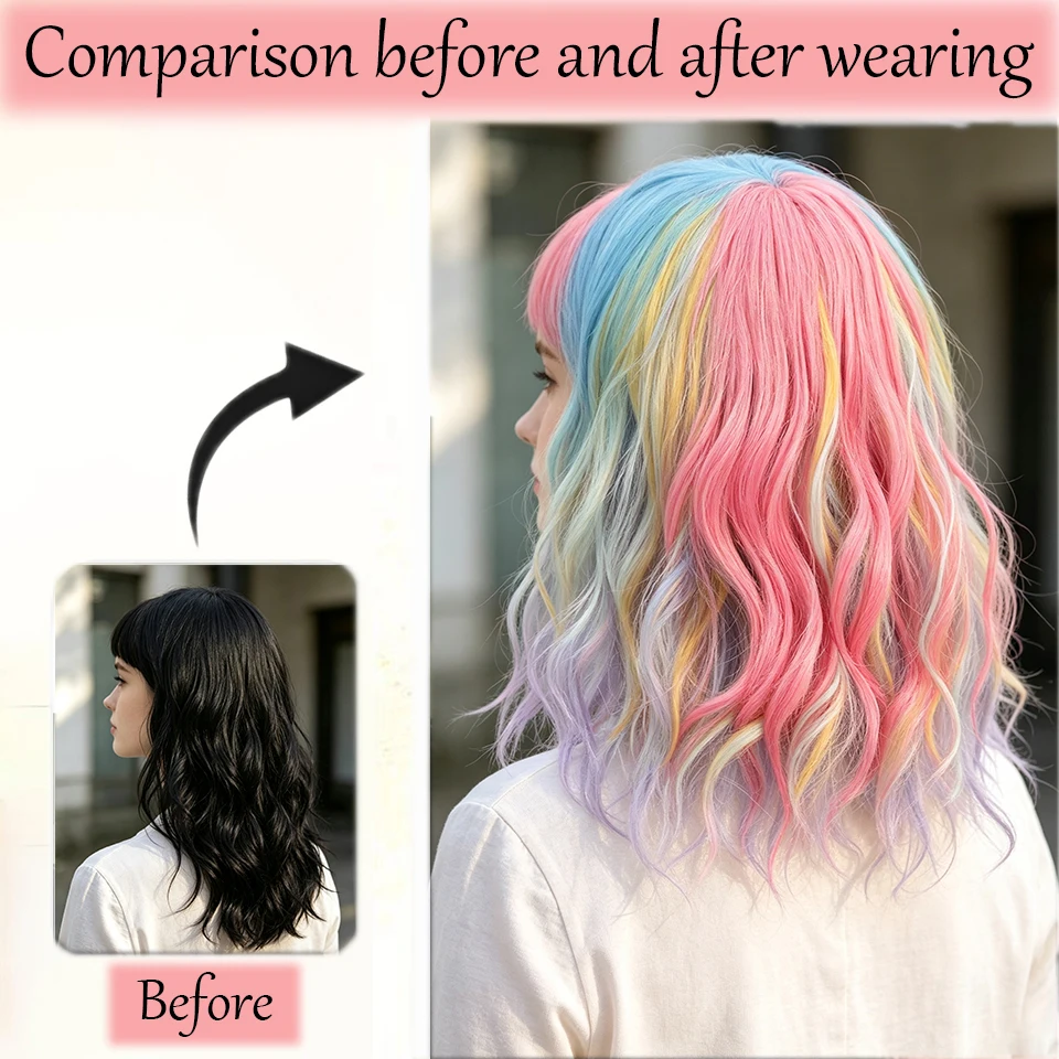 Synthetic Short Wavy Curly Wig Rainbow Bob Lolita Style Wig With Bangs for Gril Women Cosplay Halloween Christmas Festival Gift