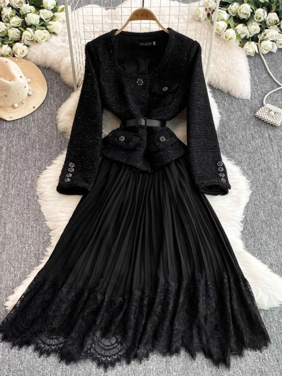 Hepburn eleganti abiti lunghi in tweed donna autunno cintura di cristallo chiffon pieghettato abiti da festa in pizzo abito di lusso occasione formale