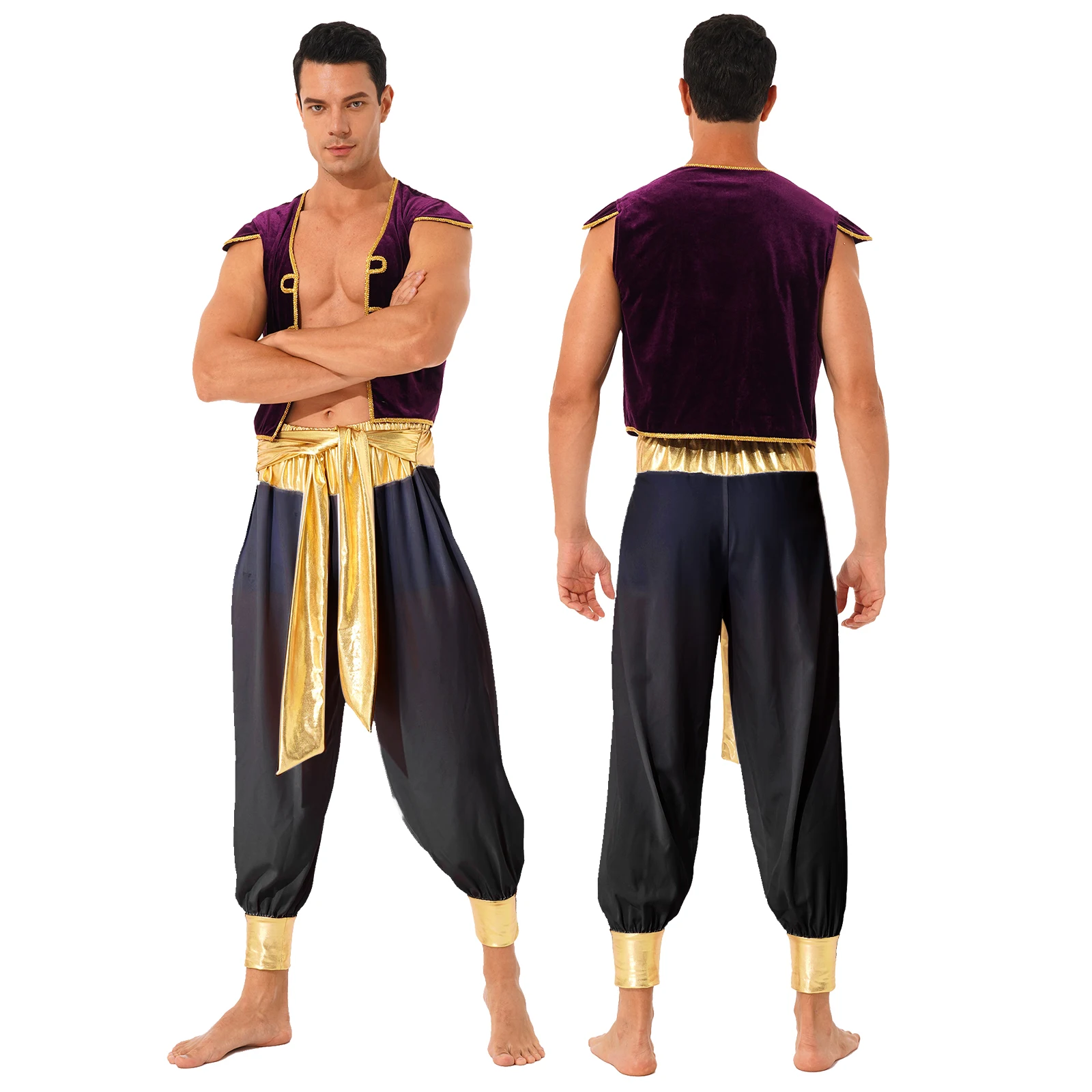 Men Arabian Prince Costume Cap Sleeve Vest Waistcoat with Belted Bloomers Pants Sets Aldult Halloween Carnival Cosplay Outfits