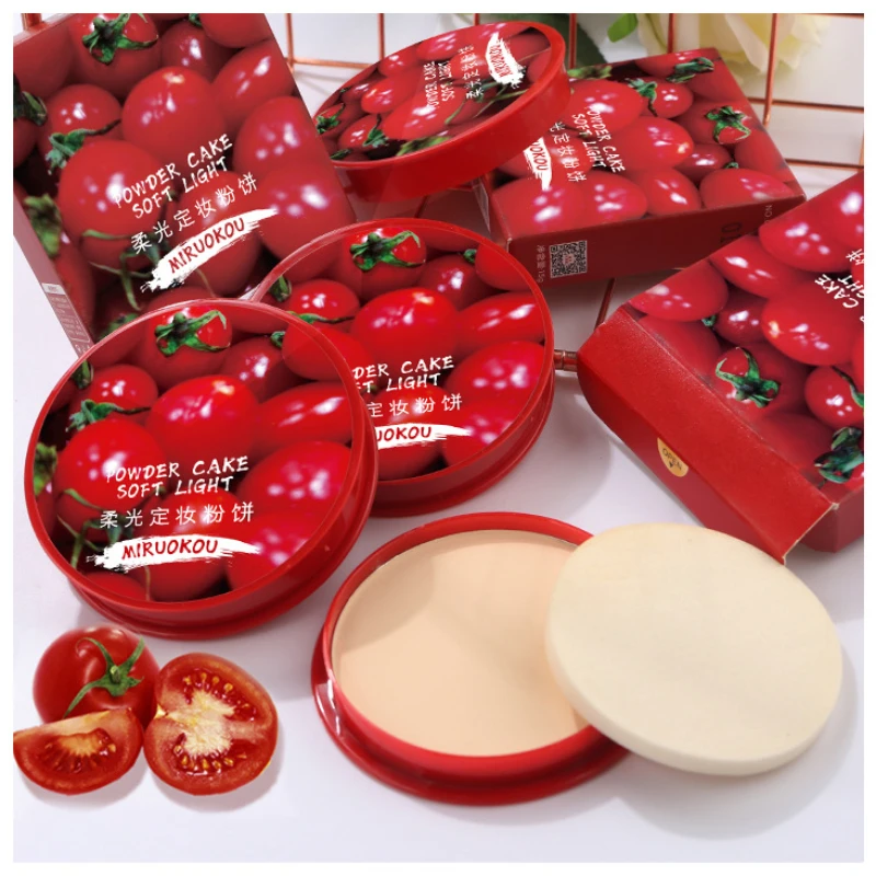 Polvo fijador de tomate rojo, Control de aceite, ajuste de maquillaje, brillo del tono de la piel, polvo fijador con espejo, herramienta de maquillaje compacta en polvo