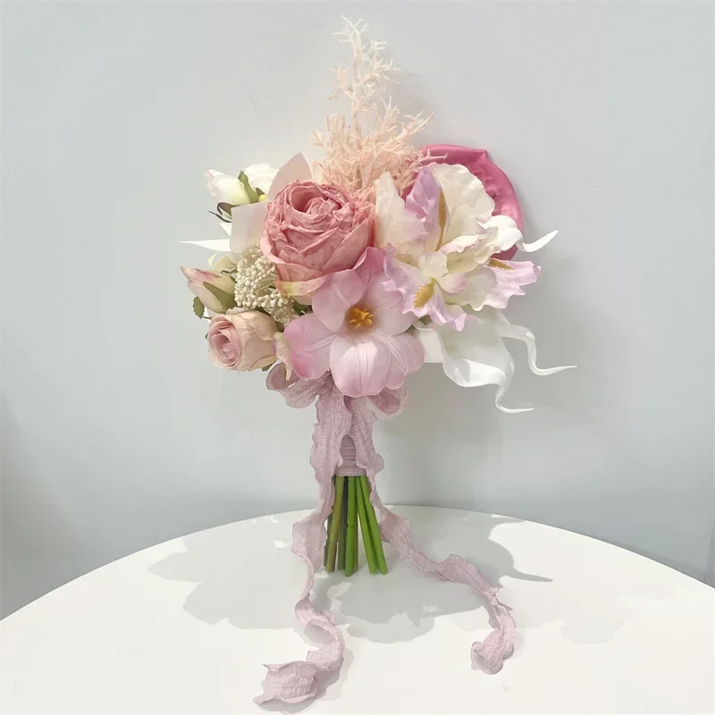 Premium rose simulation bouquet pink bridal bouquet photo studio photo fake flower certificate registration bouquet