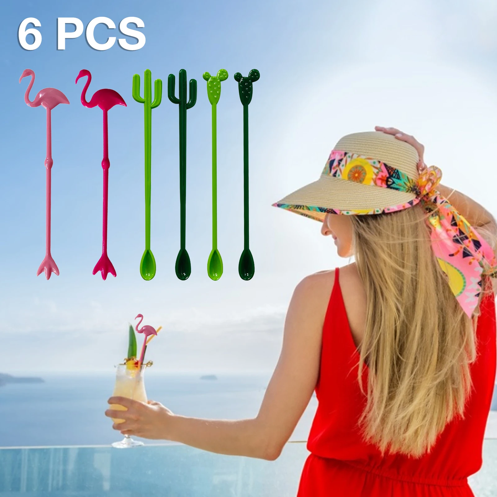 6 Assorted Tropical Drink Stir Flamingo Cactus Shaped Cocktail Ice Drink Stirrers Cocktail Swizzle Stick Colorful Ice Drink