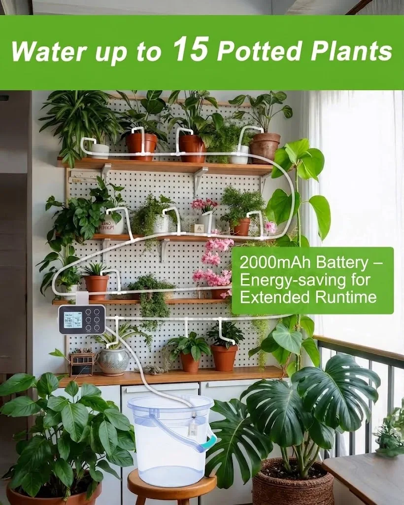 Automatic Plant Waterer Indoor with Timer, Vacation Plant Watering Devices for 15 Potted Plants Anti-Siphon Watering Device
