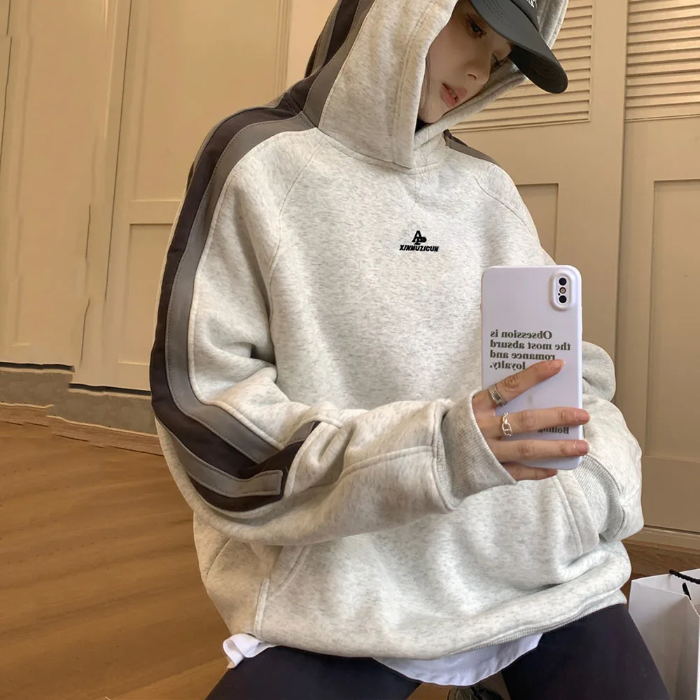 

Grey Oversized Hooded Couple Sweatshirt Coat Women's Winter Plush Liner Warm Hoodies Pullovers Thicken Raglan Sleeve Loose Tops