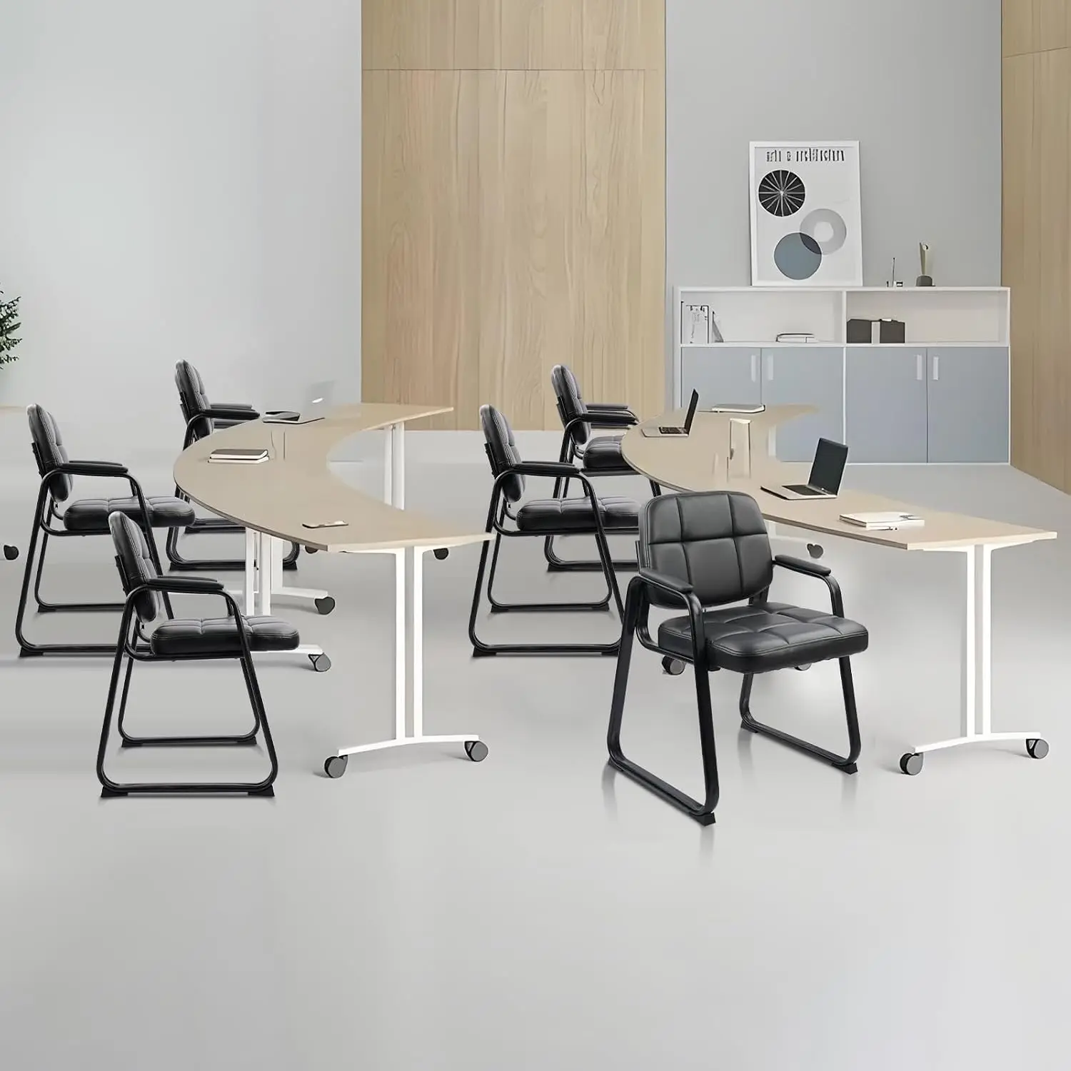 Waiting Room Guest Chair with Bonded Leather Padded Arm Rest for Office Reception and Conference Desk Black with Sled Base