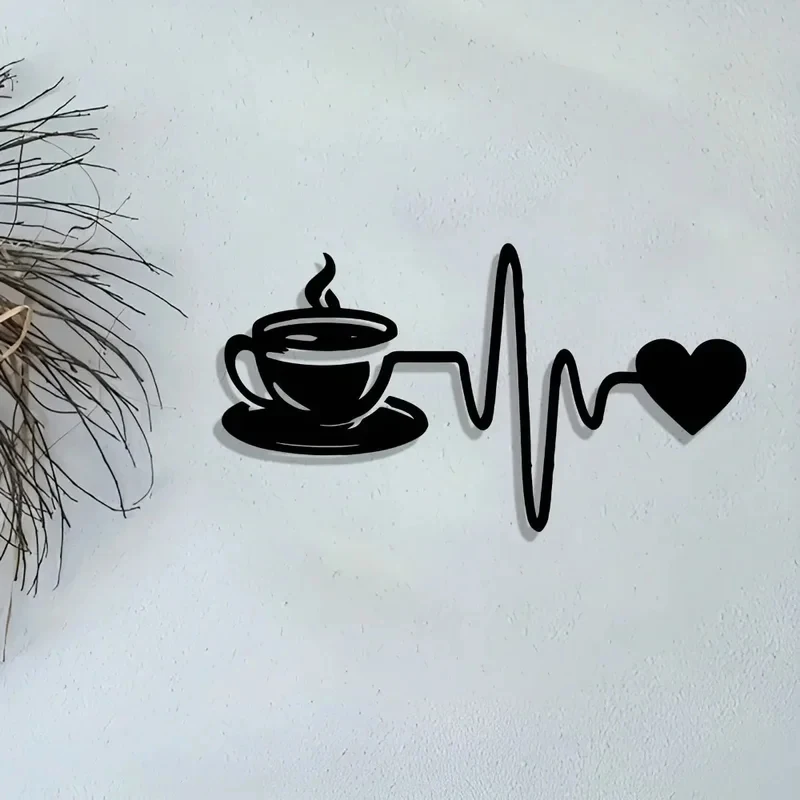 Vintage Laser Cut Iron Wall Art Plaque, Coffee Cup & Heartbeat Design, Durable Metal Decor for Home Cafe Office Garden 1PC