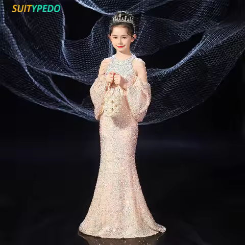 Fashion Sequines Mermaid Dress For Girls Sweet Beading Long Evening Dress Wedding Birthday Party Dress For Special Occasions