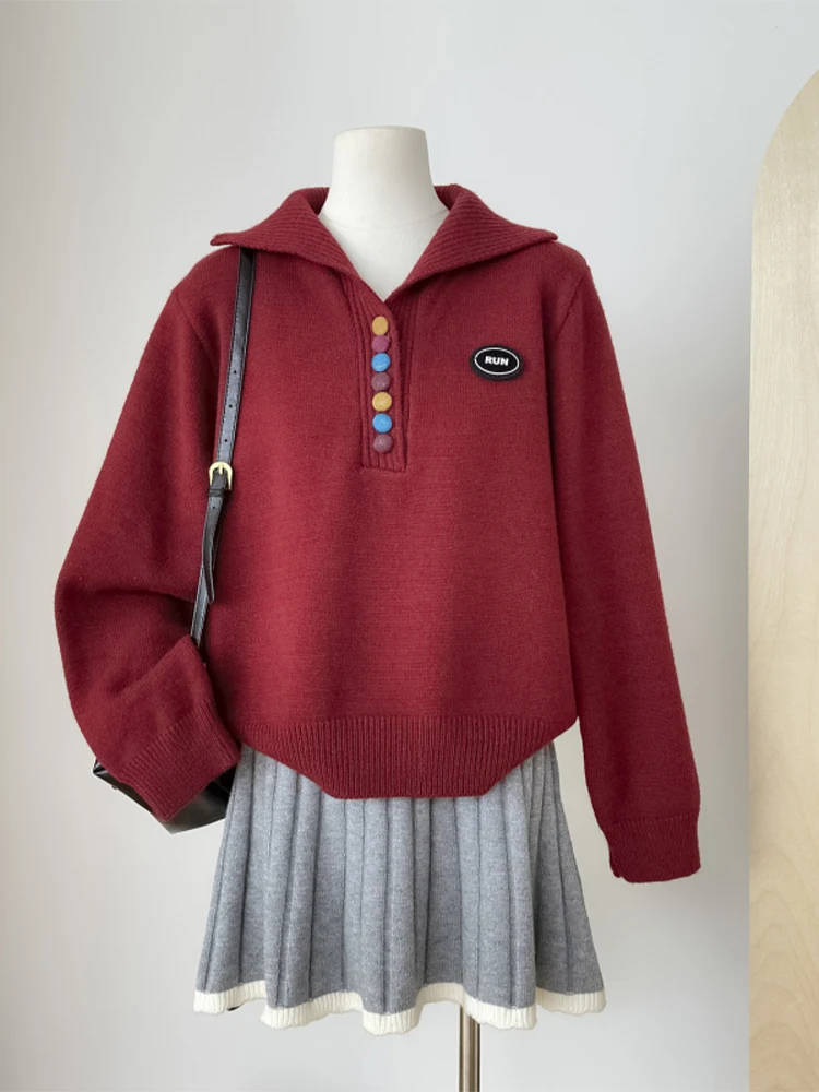 Women Wine Red Pullover Cashmere Sweater Harajuku Vintage Korean Y2k Long Sleeves Christmas Sweaters Jumper 2000s Clothes Autumn