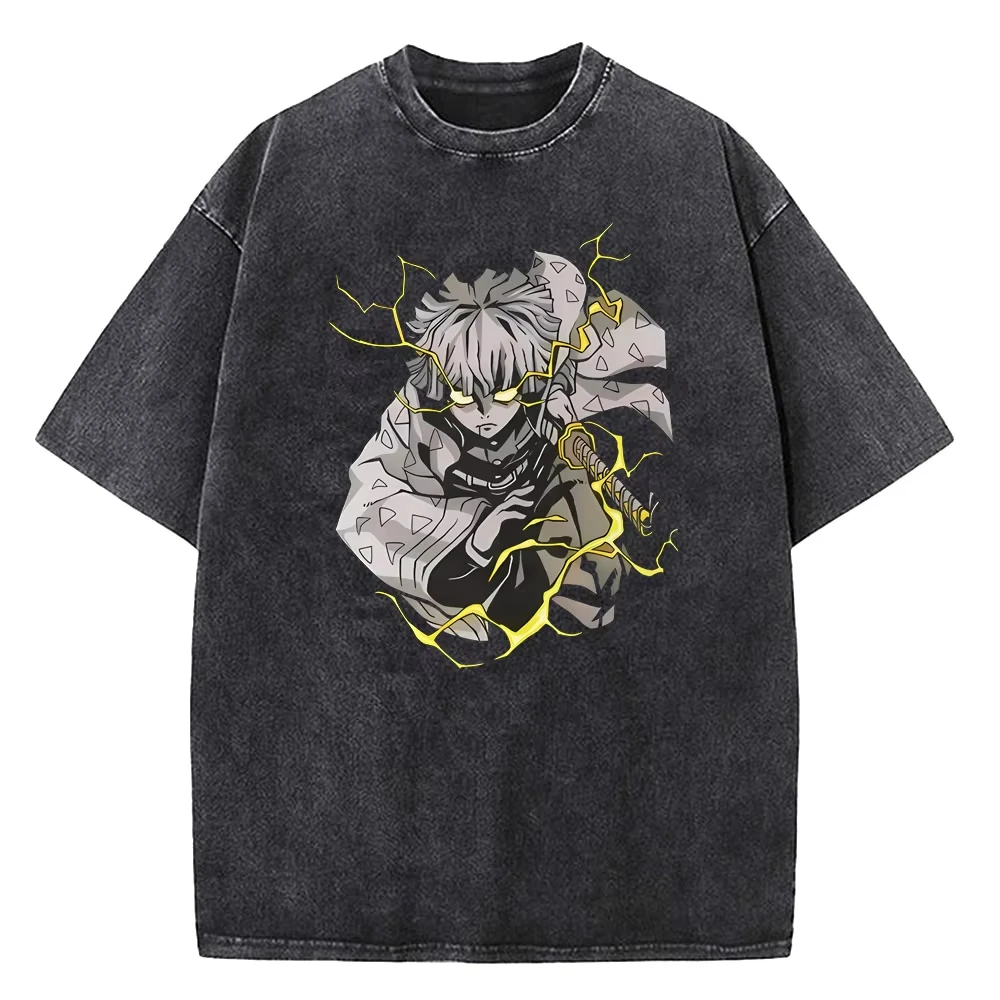 

2026 Japanese Anime Demon Slayer Printed Washed Tshirt Men Manga Comfortable summer washed loose men's clothing