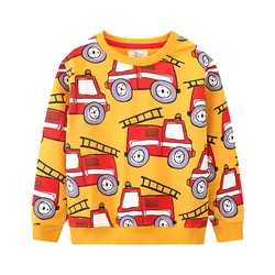 Moletons com estampa de carros para meninos e meninas, camisas com capuz para crianças, manga comprida, caminhão de bombeiros, tops de outono, novo design, 2-7t