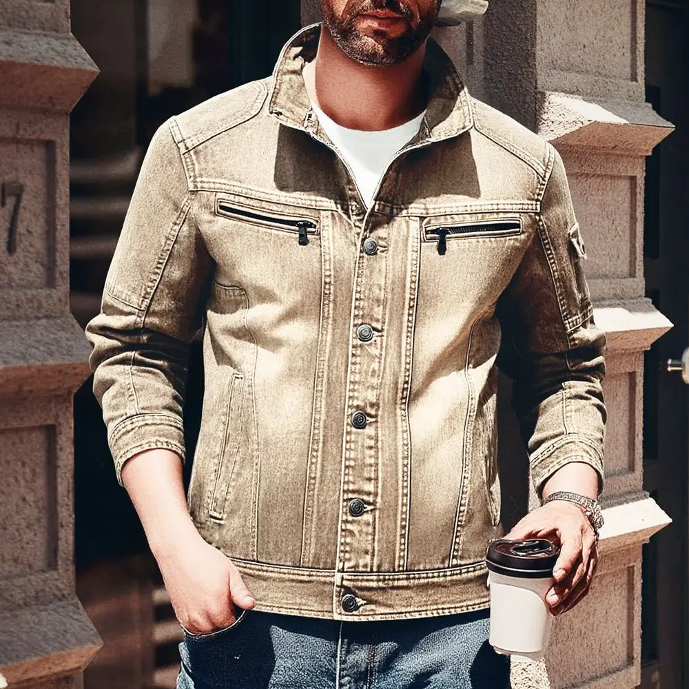 

2026 Men's Denim Jacket Cardigan Multiple Pockets Coat