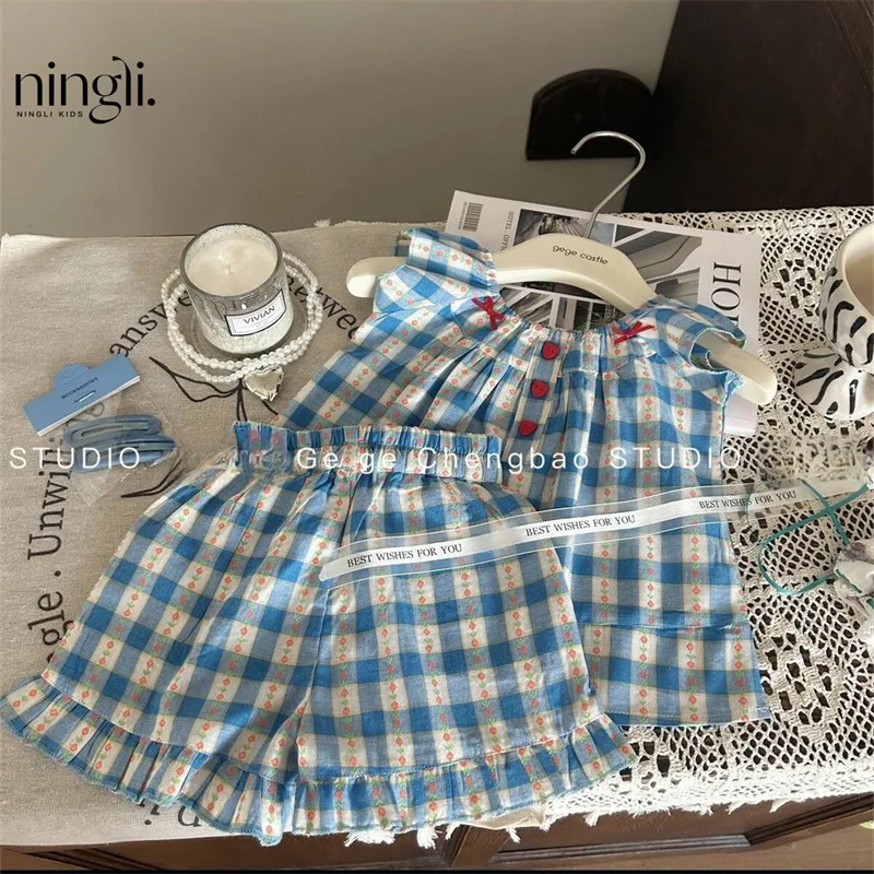 Girls Suit New 2024 Summer Dress Girl Baby Plaid Summer Two-piece Blue Plaid Fashion Girl Korean Simple Style Clothes Suits