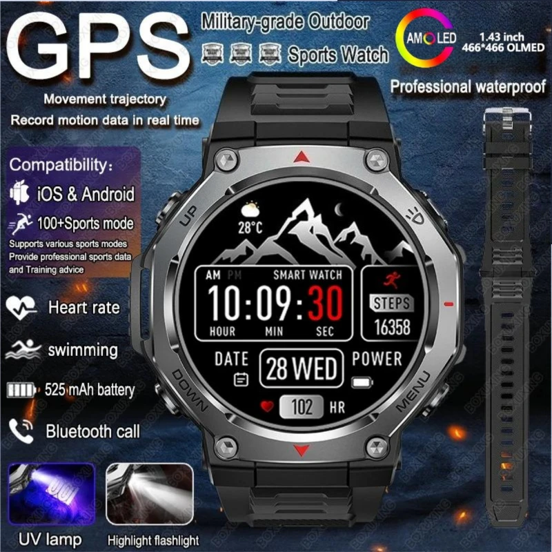 KT85 Military Smart Watch GPS Motion Track 5 ATM Waterproof Heart Rate Bluetooth Call AMOlED Sports Watch with LED Highlight