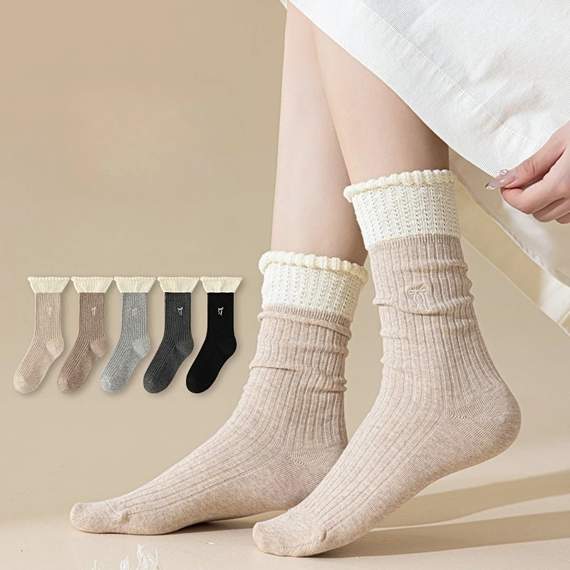 Embroidery Bow Japanese Kawaii Cute Socks Color Matching Cotton Knitted Middle Tube Socks Women Autumn Winter Vintage Long Socks