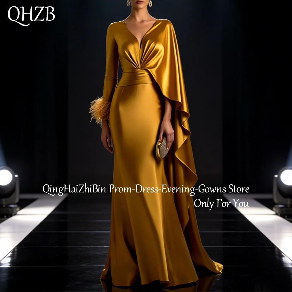 

Customized Gold Elegant Long Evening Dresses for Special Occasions Feather Floor-Length Mermaid Women Gala Prom Party Gowns 2026