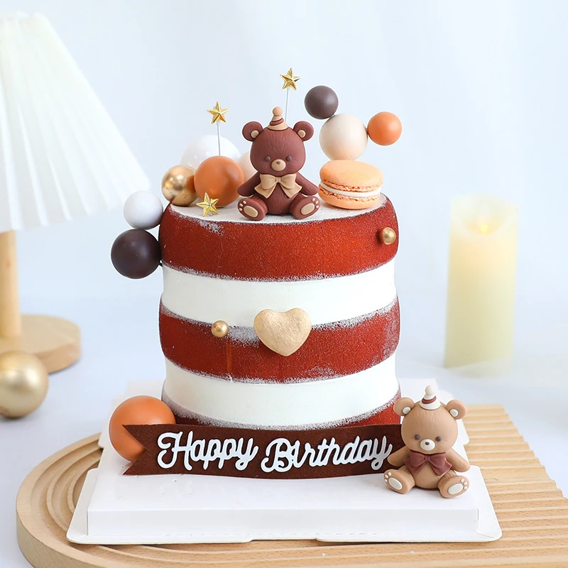 Brown Bow Bear Doll Cake Topper Earth Color Foam Ball Happy Birthday Cake Decorations Baby Shower Lovers Wedding Party Supplies