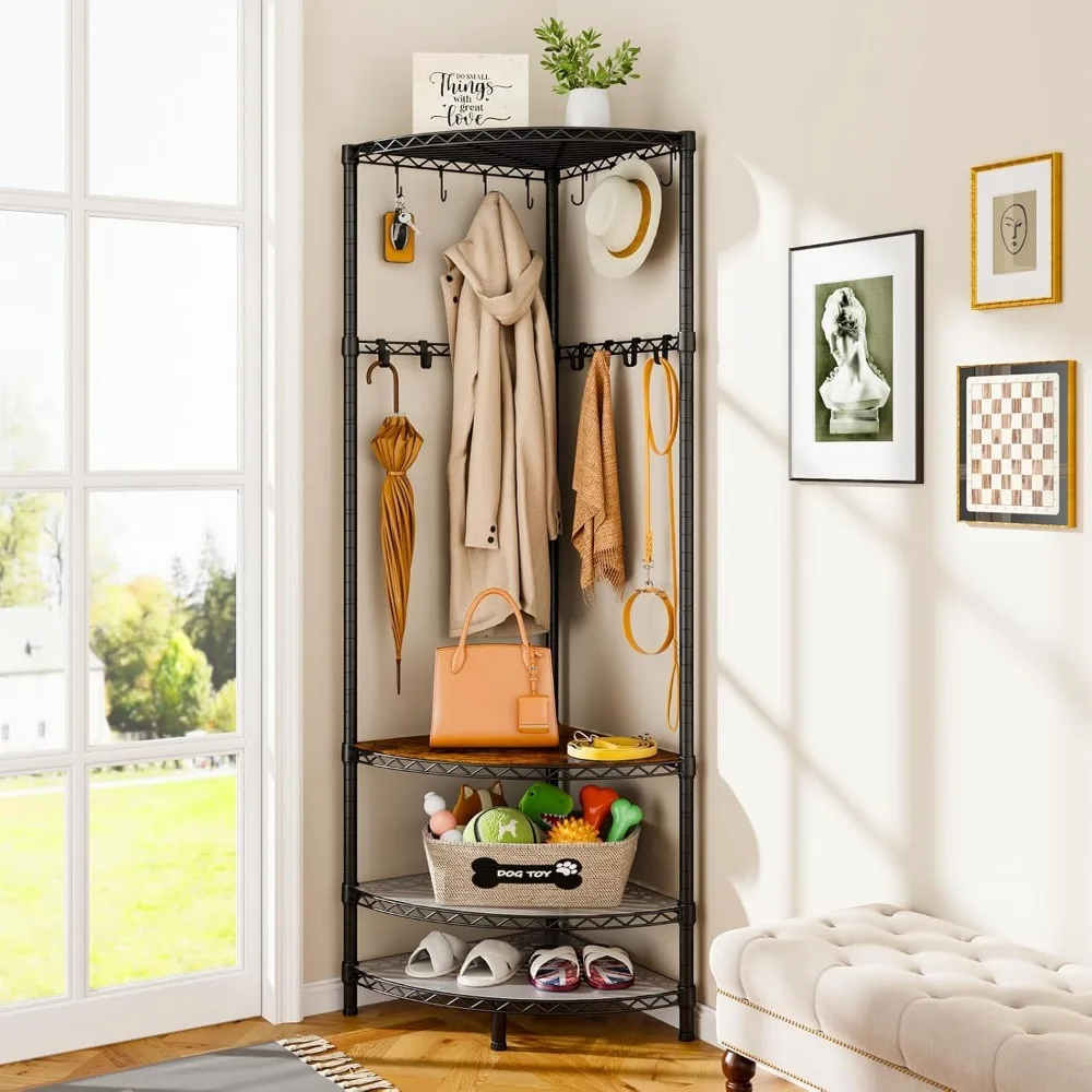 

R2 Corner Coat Rack - Stylish Entryway Solution with 4 Shelves & 16 Movable Hooks