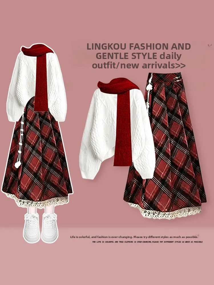 

Потрясающий комплект: вязаный свитер большого размера и юбка в клетку, V-образный вырез, средней длины, повседневный стиль для женщин, красивый омолаживающий образ