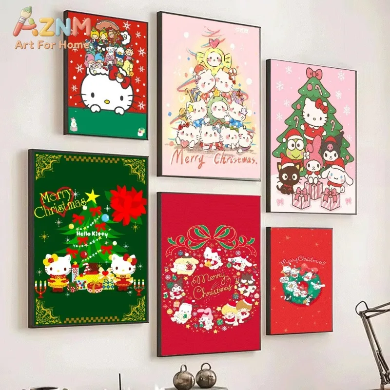 Sanrio Hello Kitty Red Christmas Snowflake Canvas Wall Art Unframed Canvas Poster Kawaii Xmas Print Kids Room Wall Decor Gift