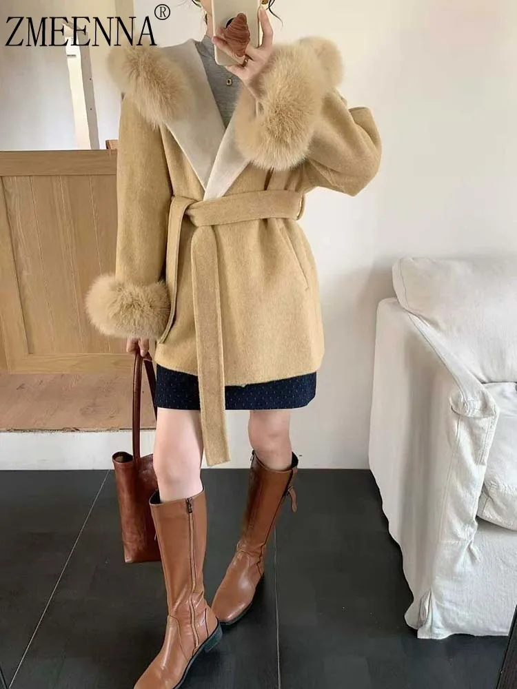 

ZMEENNA элегантное офисное женское пальто с мехом в стиле пэчворк, шерстяное пальто с длинными рукавами, красивая женская одежда, куртка, осень 2021, ZM4155