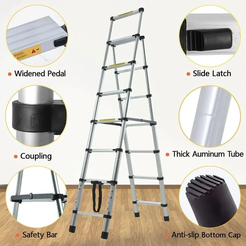 6.5FT Heavy Duty Telescoping Ladder Multi Purpose Extension Ladder 6 Plus 7 Step Collapsible Folding Ladder Easy Storage