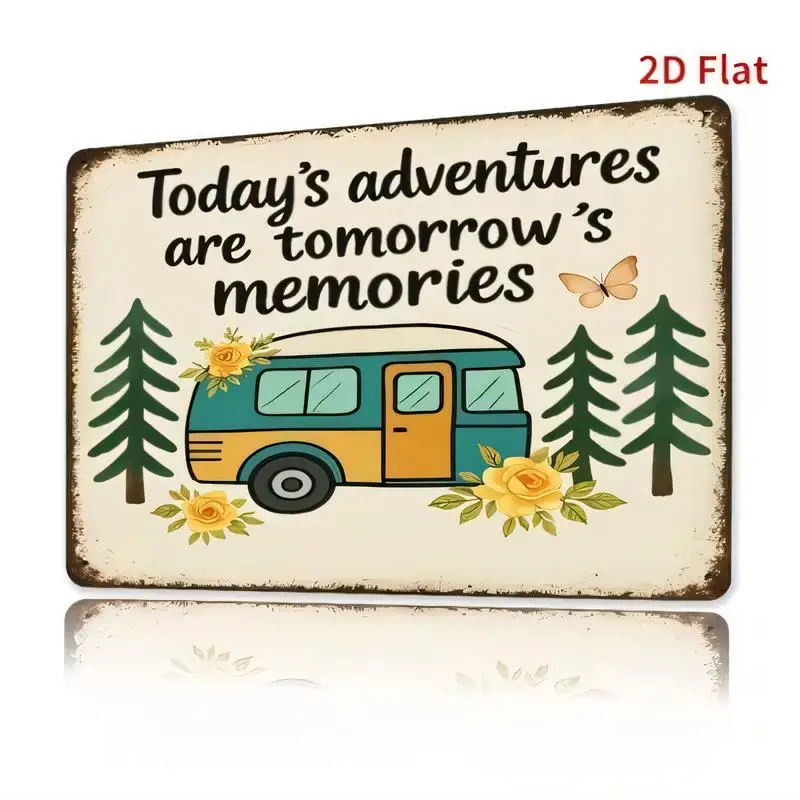 Today's Adventures Vintage Metal Sign - Retro Camper, Pines, & Floral Design, Iron Wall Art for Home/Campsite/Café Decor - Inspi