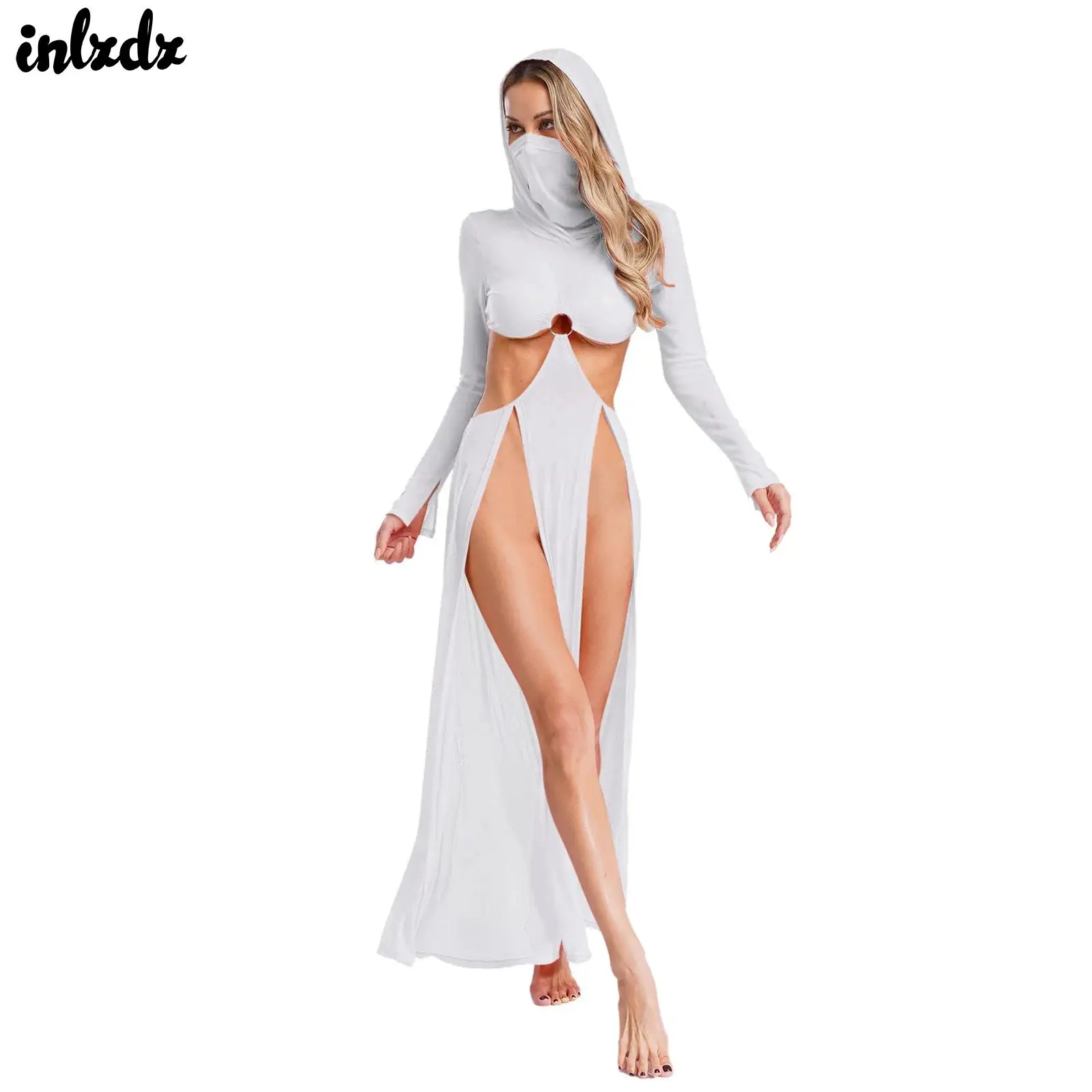 Femmes robe transparente Maxi haute fente robes à capuche masque facial manches longues évider pure Sexy maille robe solide couvrir maillots de bain