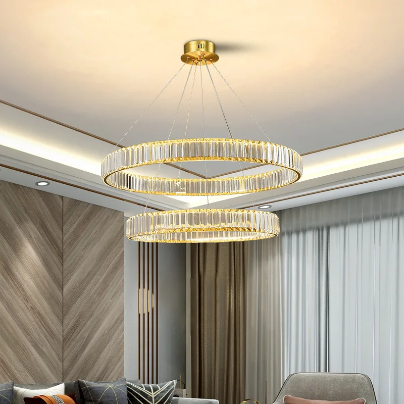 Luxury Modern K9 Crystal LED Chandelier Lustre Gold Color Circle Ring Pendant Light Fixture Home Decor Ceiling Lamp