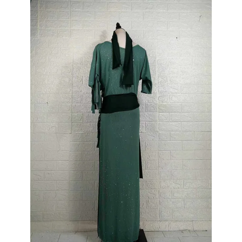 customized green low-key micro sparkling fabric belly dancewear practice gown robe 3pcs